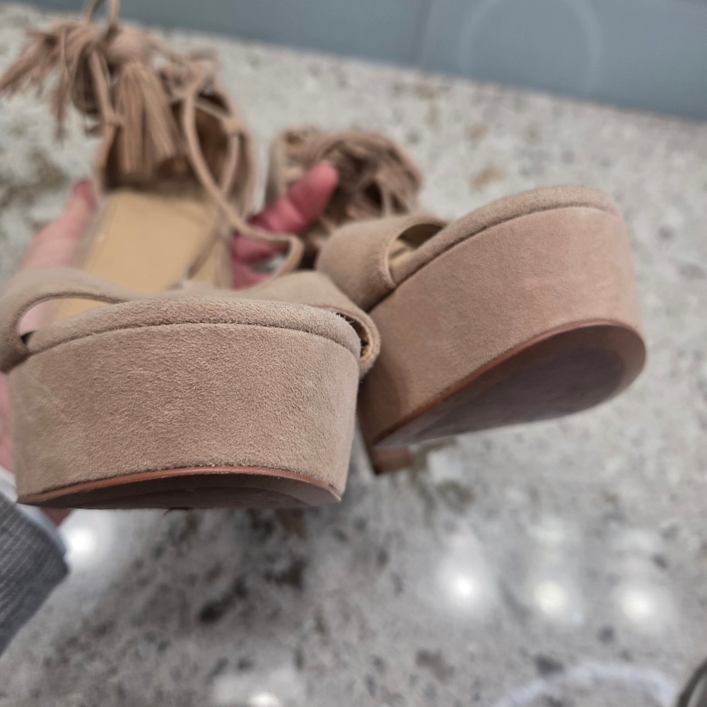 Michael‎ Kors Suede Lace Up Tassel Platform Block Heels Tan Women's Shoes - Picture 5 of 16